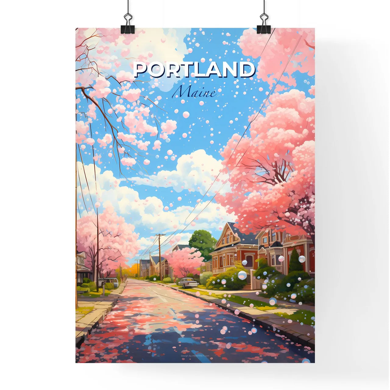 Portland, Maine, A Poster of a street with pink trees and houses on the side Default Title