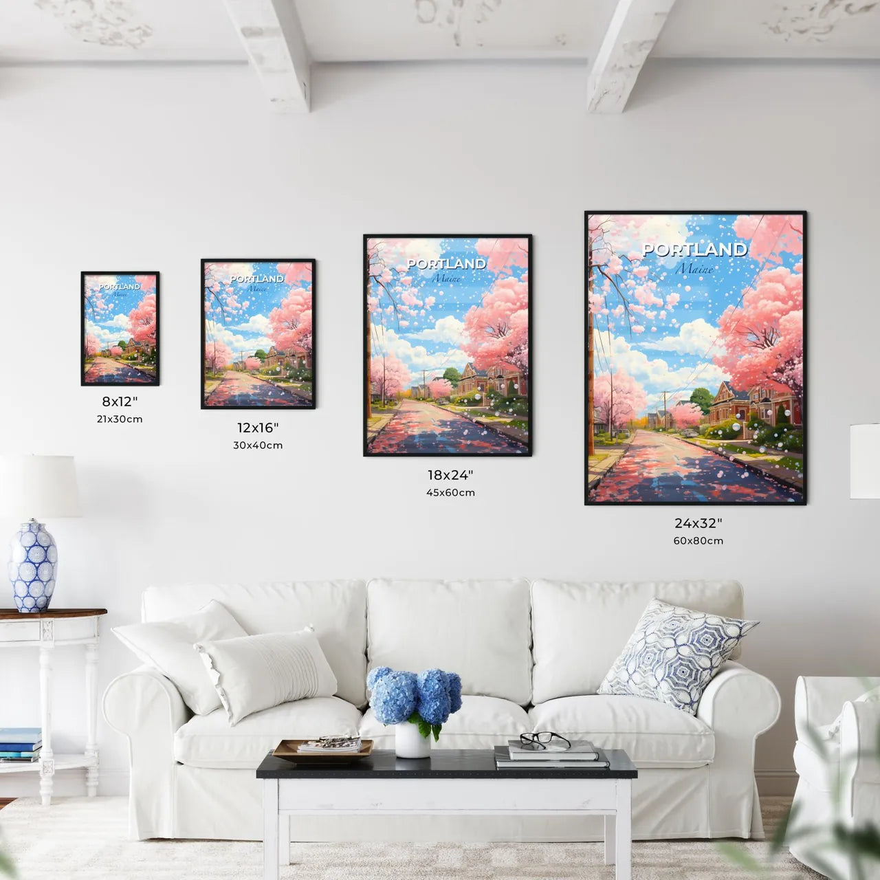 Portland, Maine, A Poster of a street with pink trees and houses on the side Default Title