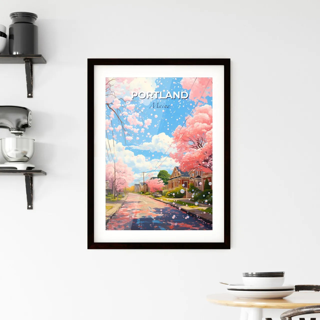 Portland, Maine, A Poster of a street with pink trees and houses on the side Default Title