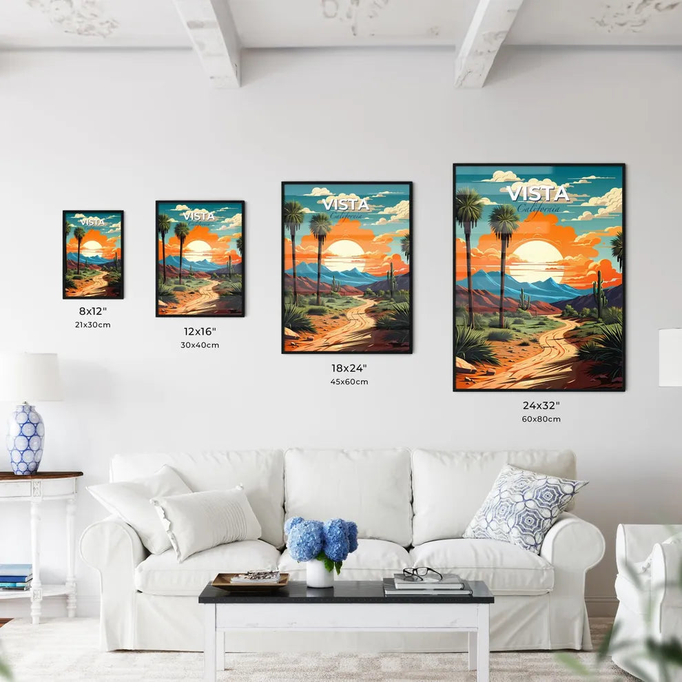 Vista, California, A Poster of a desert landscape with palm trees and mountains Default Title