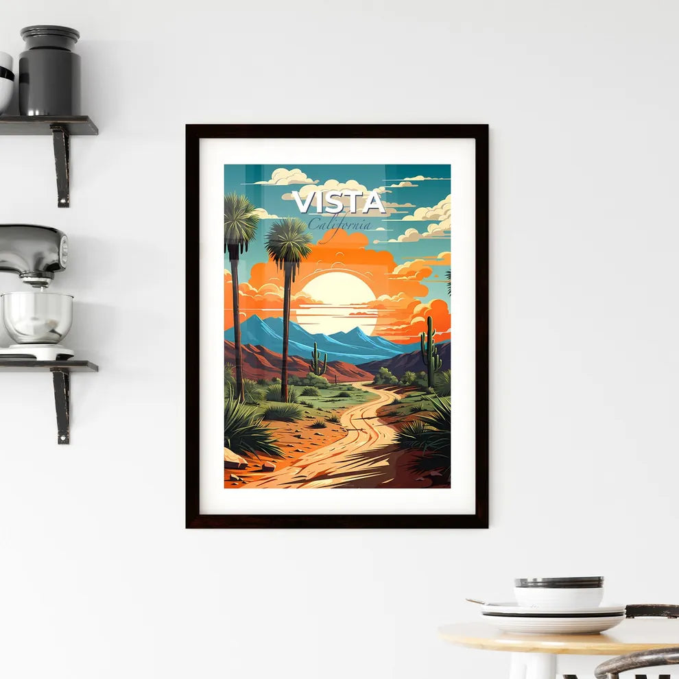Vista, California, A Poster of a desert landscape with palm trees and mountains Default Title