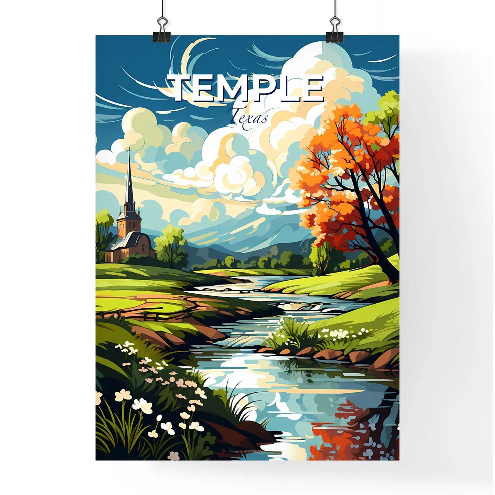 Temple, Texas, A Poster of a river running through a grassy field with a church and trees Default Title