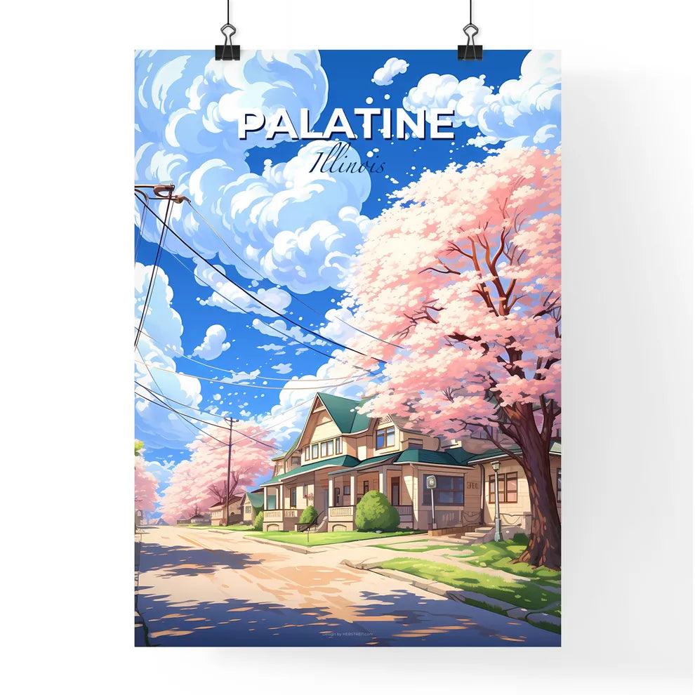 Palatine, Illinois, A Poster of a house with pink trees and power lines Default Title