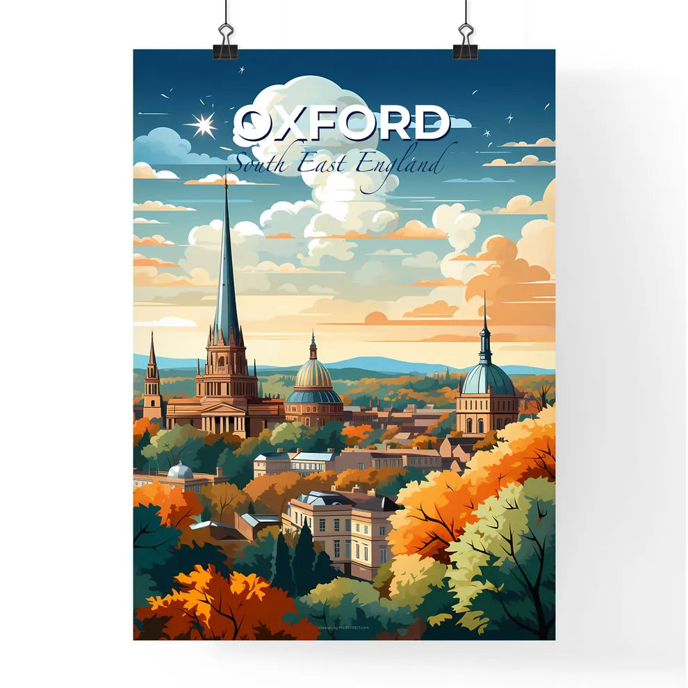 Oxford, South East England, A Poster of a city with a steeple and trees Default Title