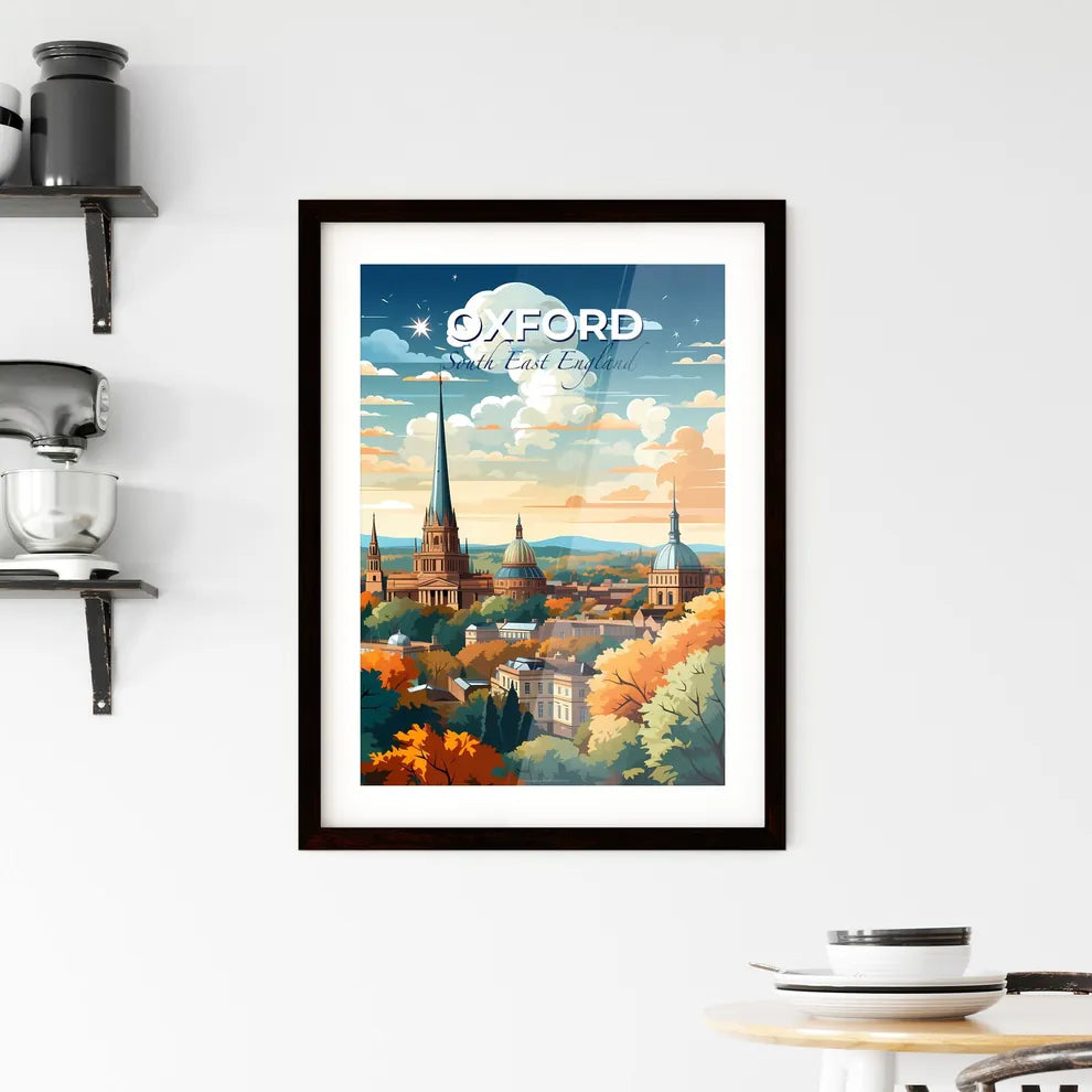 Oxford, South East England, A Poster of a city with a steeple and trees Default Title