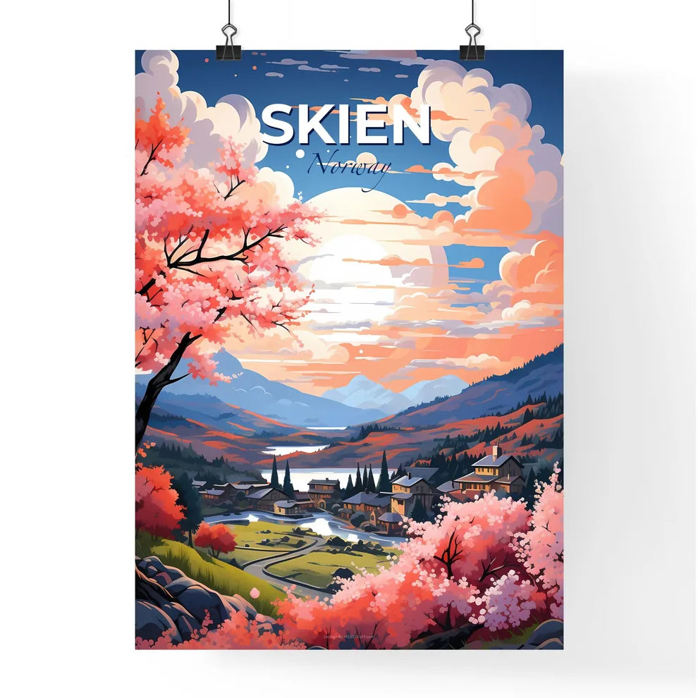 Skien, Norway, A Poster of a landscape with a village and a river Default Title