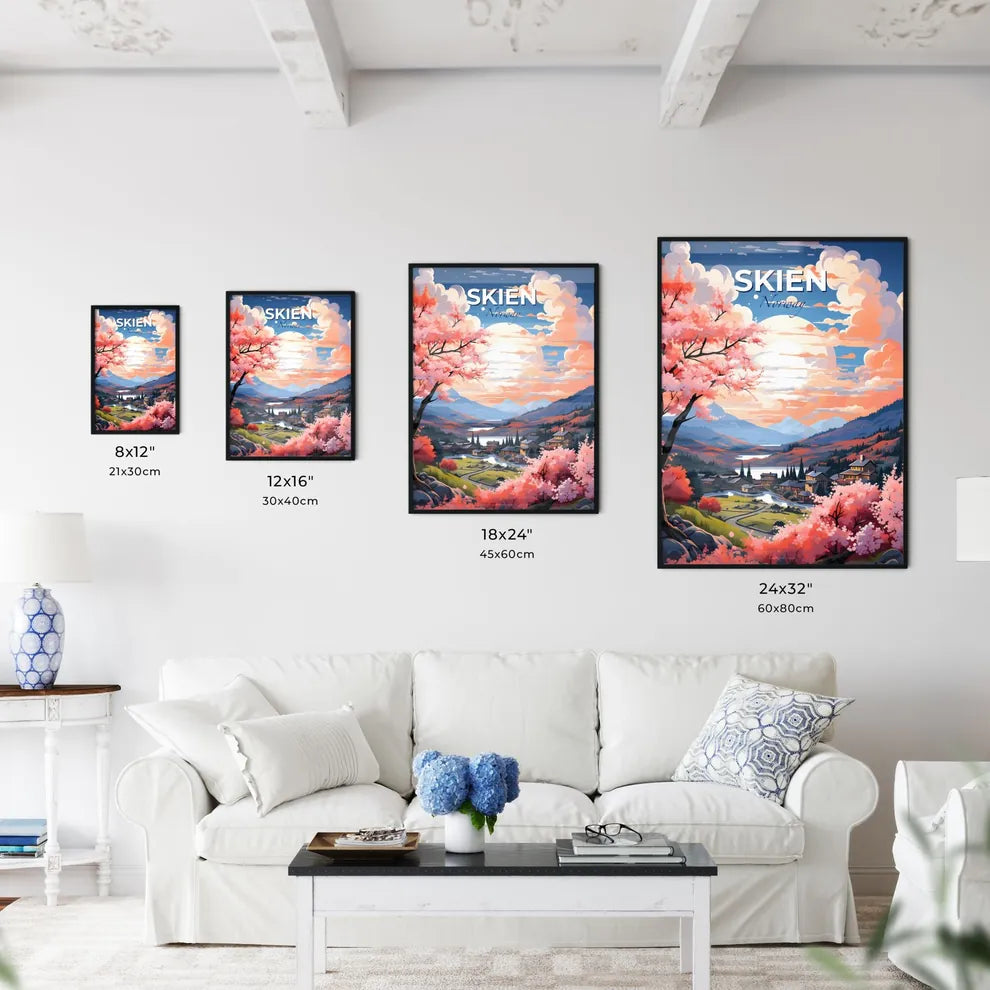 Skien, Norway, A Poster of a landscape with a village and a river Default Title