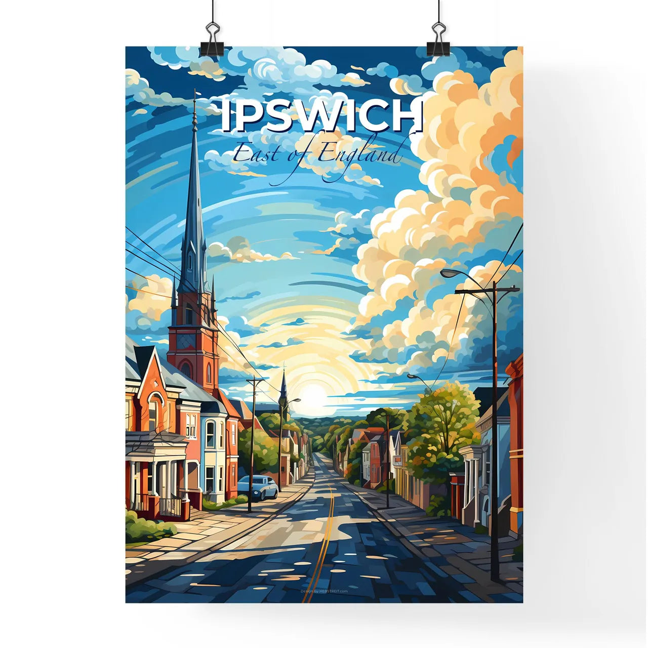 Ipswich, East of England, A Poster of a street with a church steeple and trees Default Title