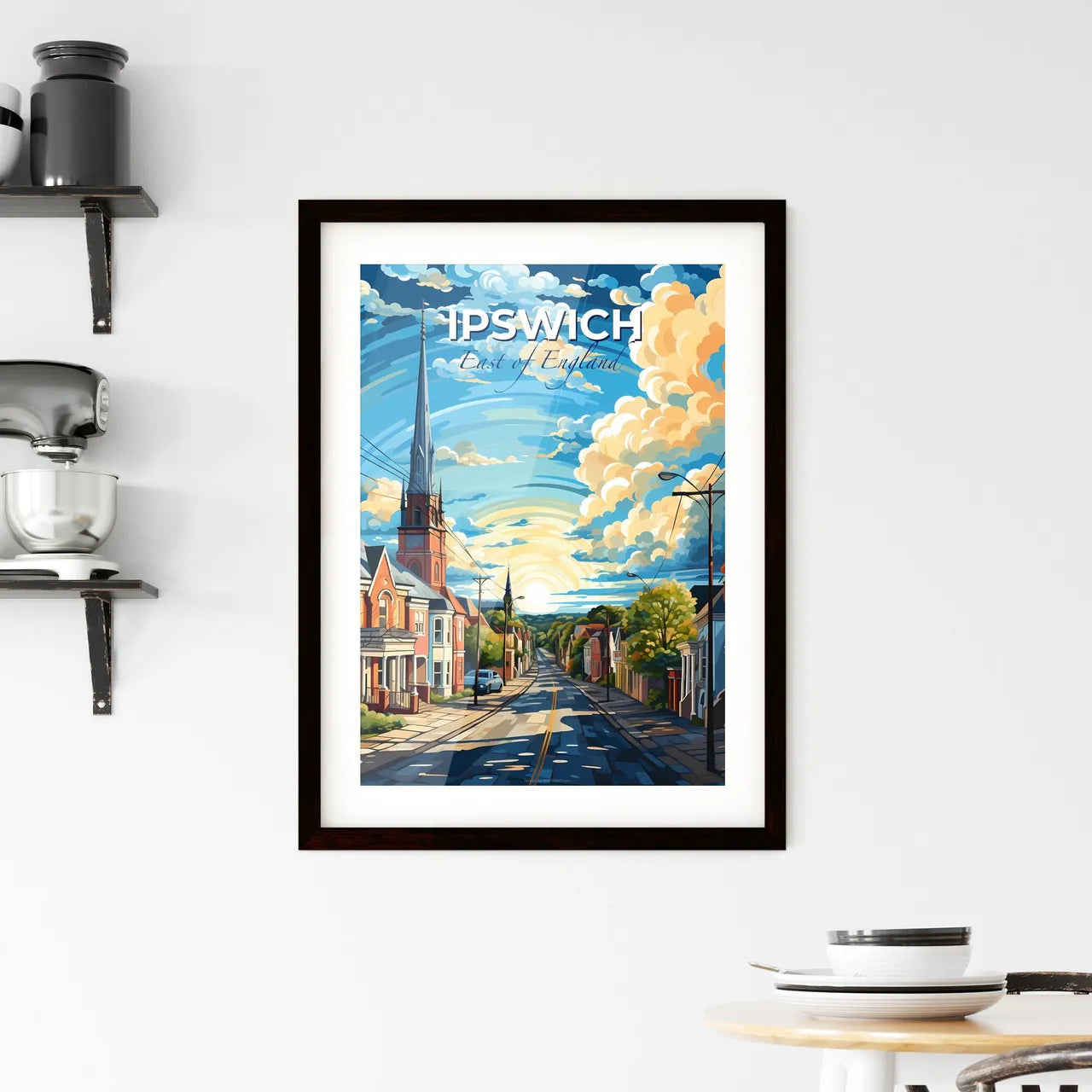 Ipswich, East of England, A Poster of a street with a church steeple and trees Default Title