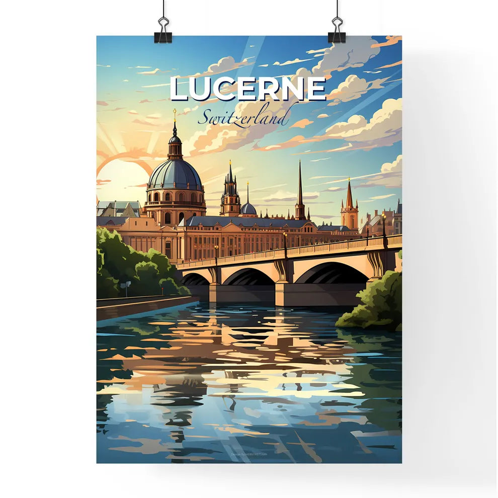 Lucerne, Switzerland, A Poster of a bridge over a river with a large building and trees Default Title