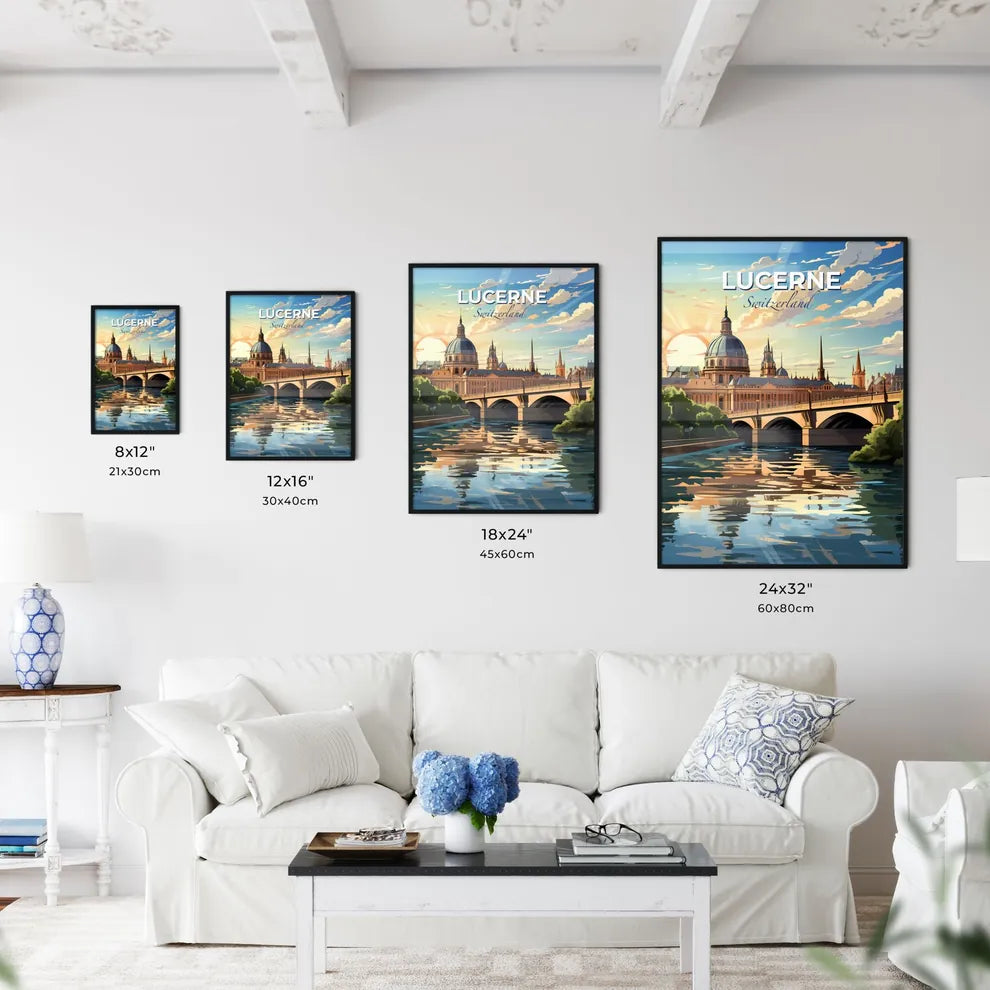 Lucerne, Switzerland, A Poster of a bridge over a river with a large building and trees Default Title