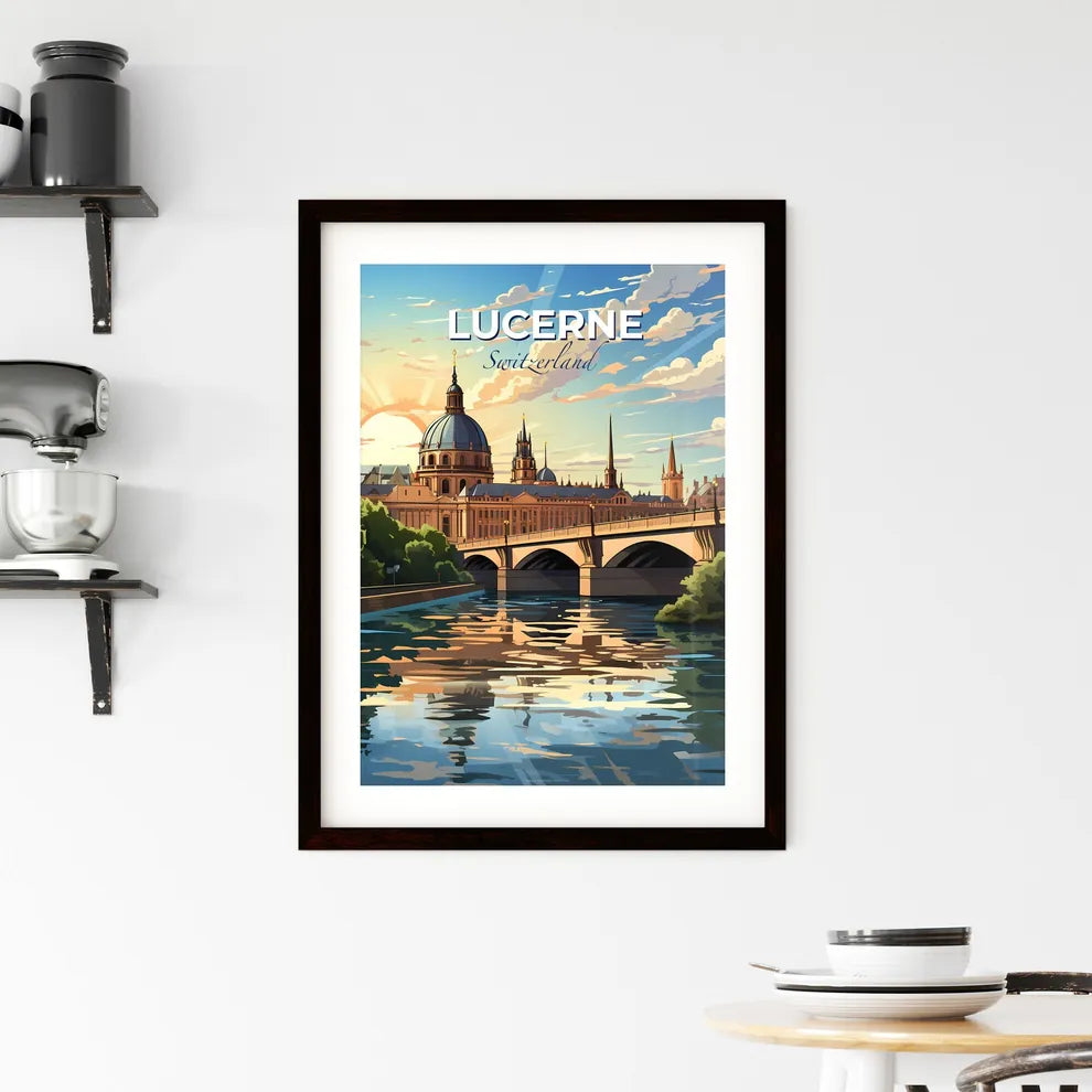 Lucerne, Switzerland, A Poster of a bridge over a river with a large building and trees Default Title
