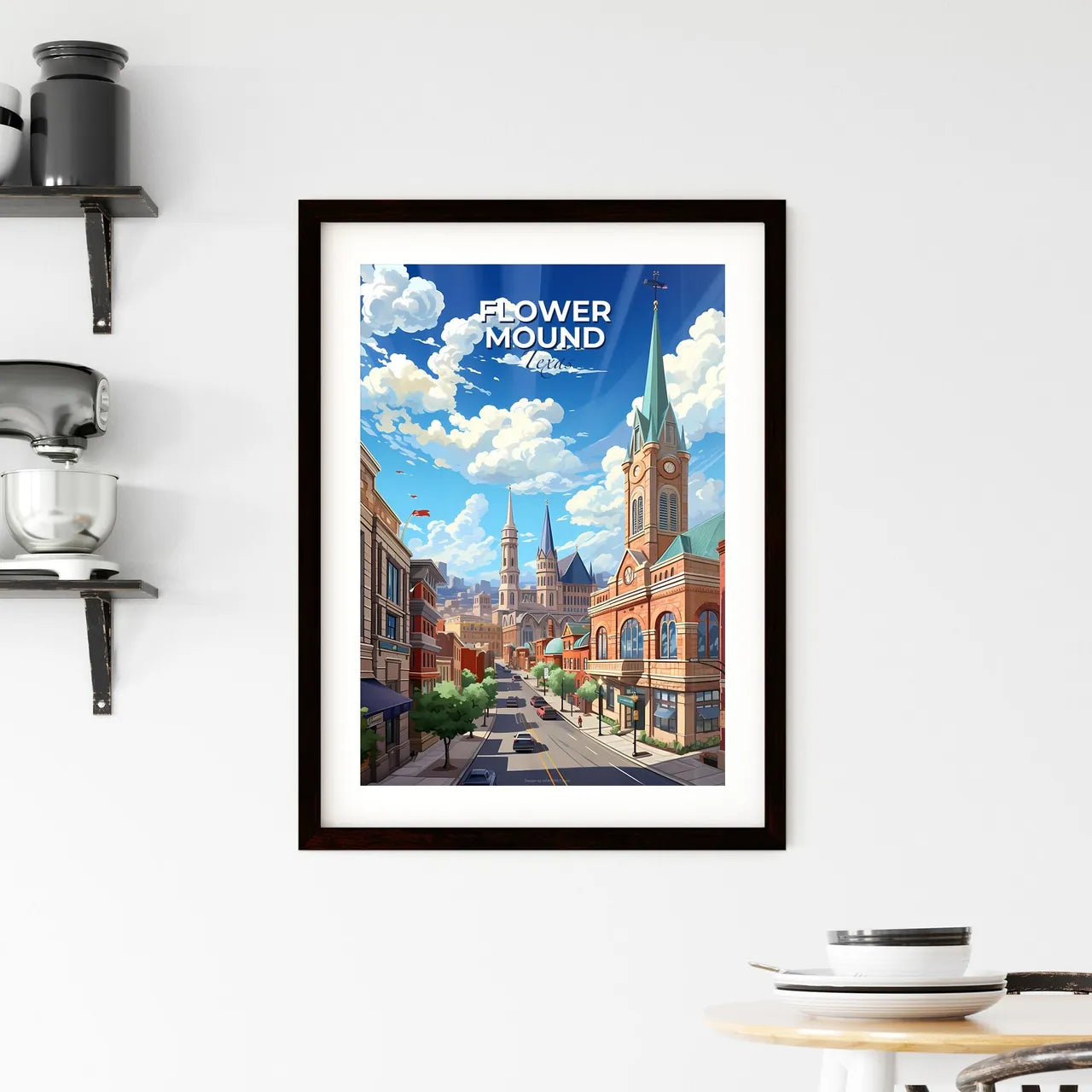 Flower Mound, Texas, A Poster of a city street with a church and cars Default Title