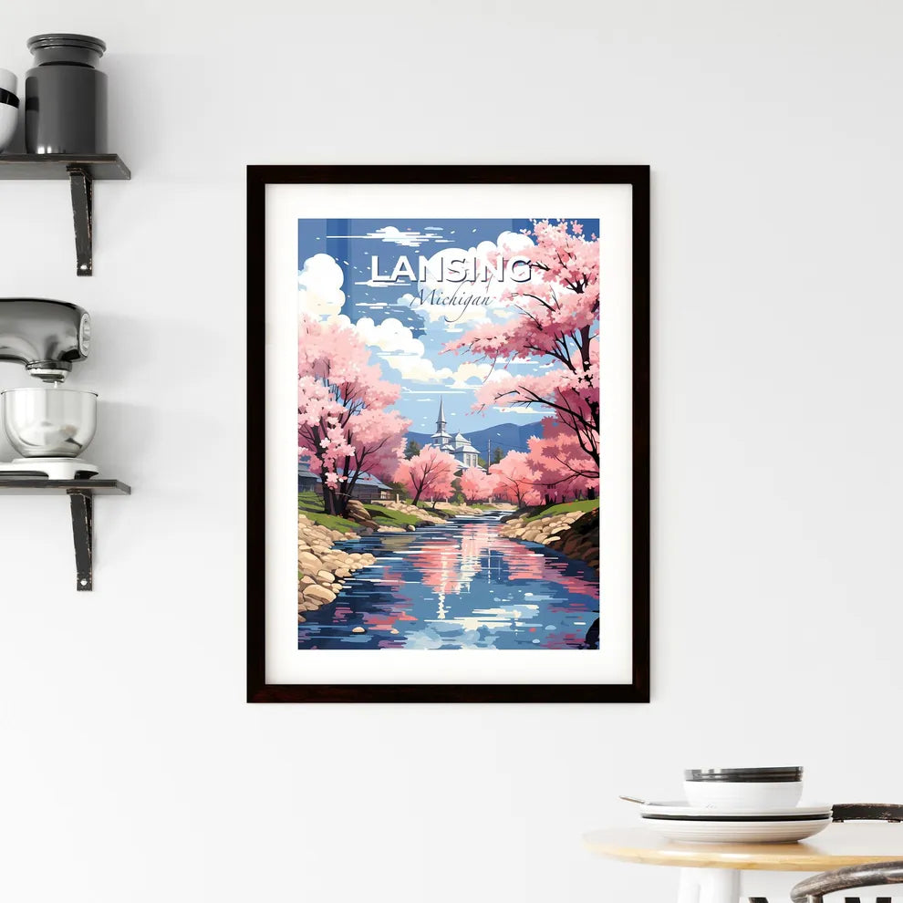 Lansing, Michigan, A Poster of a river with pink trees and a church in the background Default Title