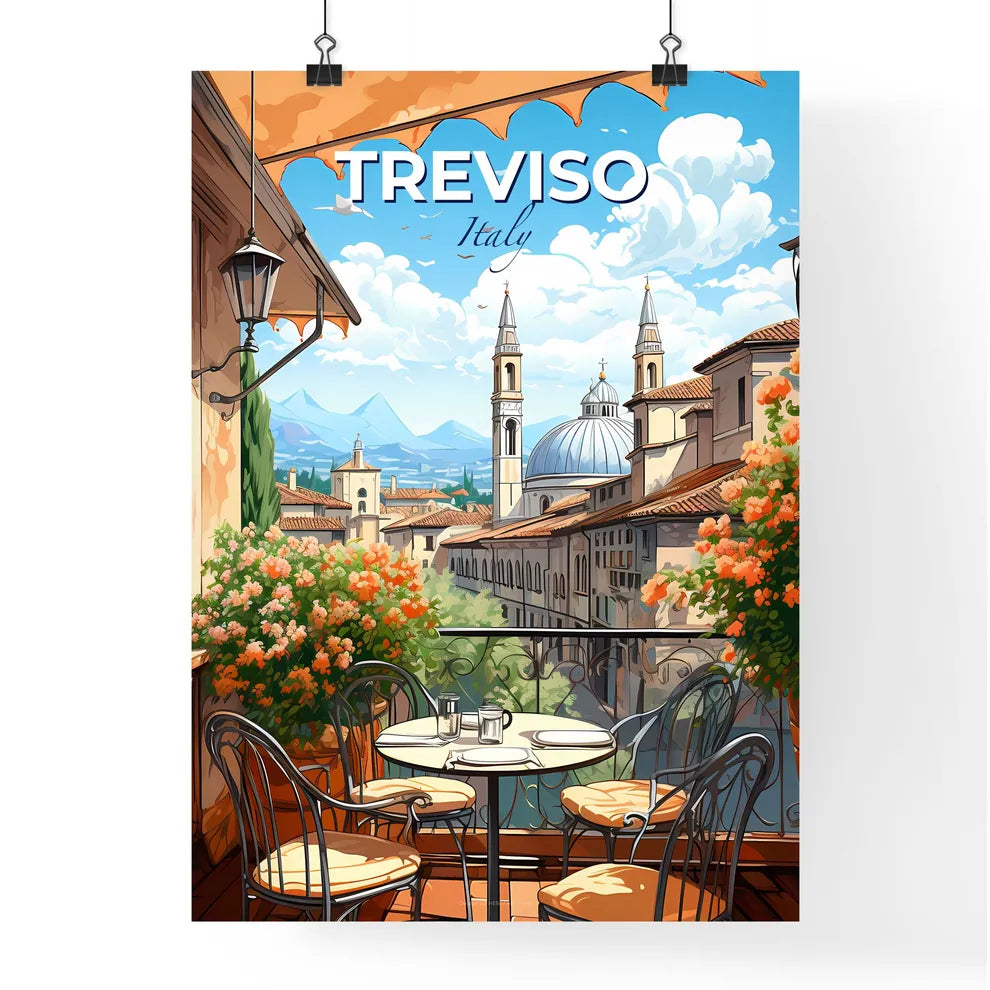 Treviso, Italy, A Poster of a table and chairs on a balcony with a view of a city Default Title