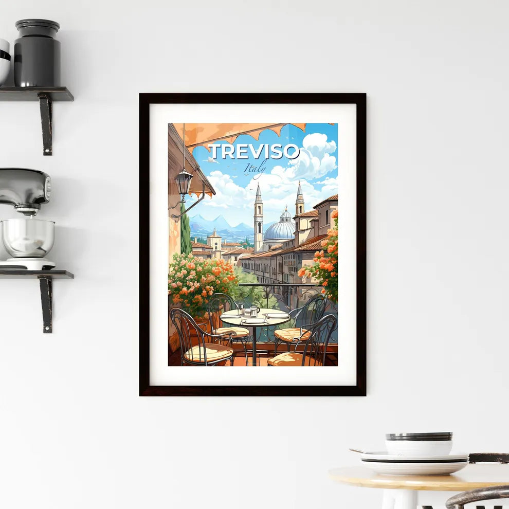 Treviso, Italy, A Poster of a table and chairs on a balcony with a view of a city Default Title