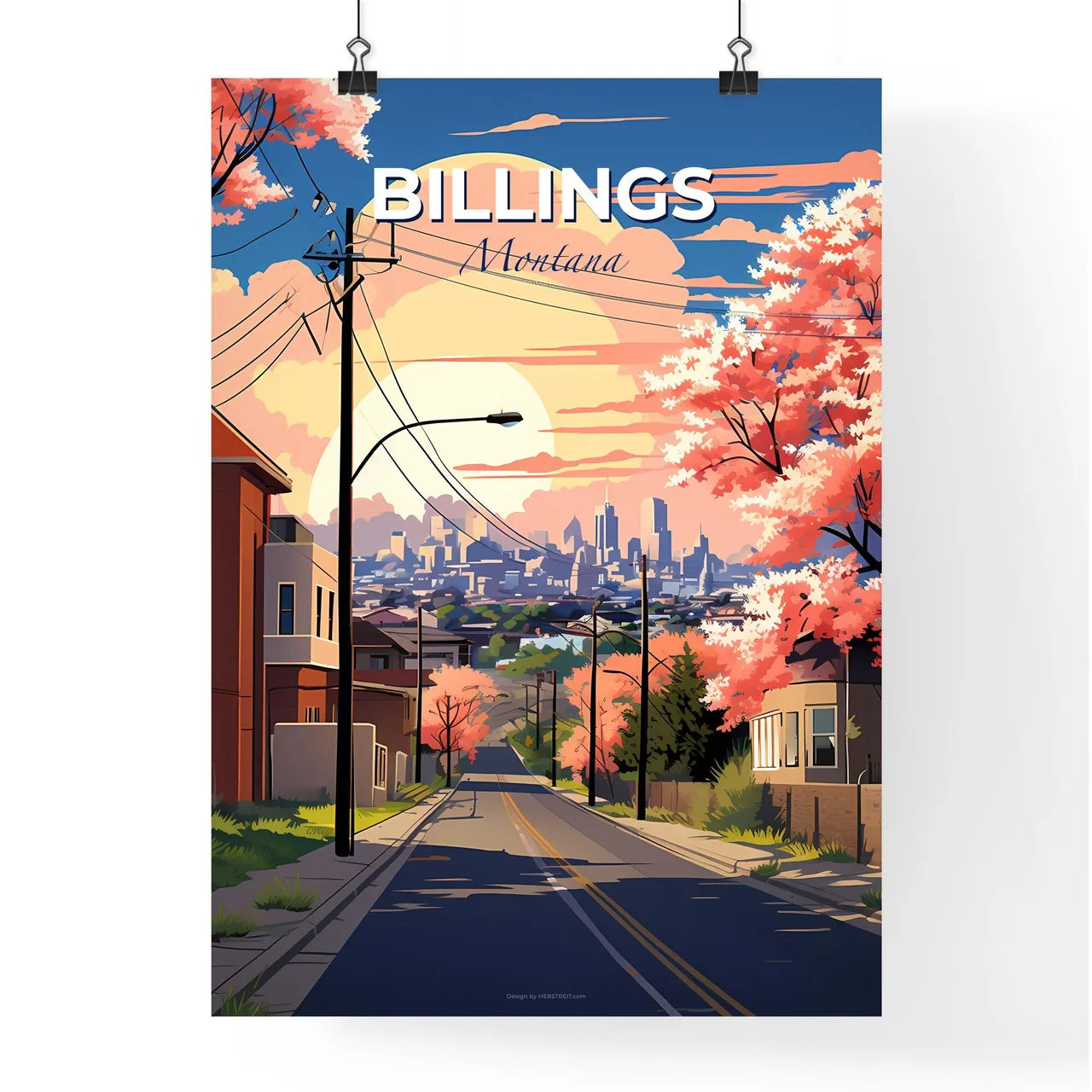 Billings, Montana, A Poster of a road with pink trees and buildings in the background Default Title