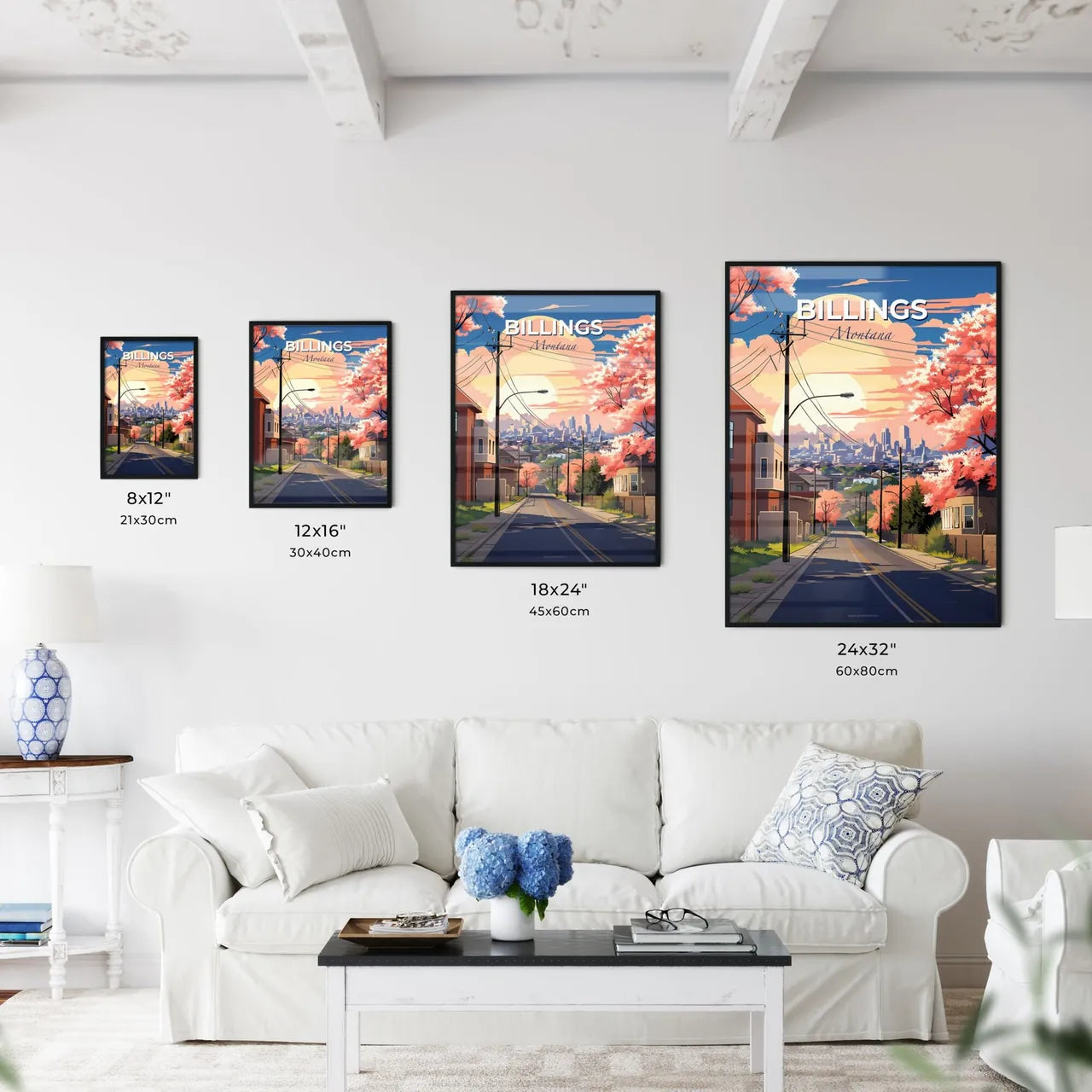 Billings, Montana, A Poster of a road with pink trees and buildings in the background Default Title