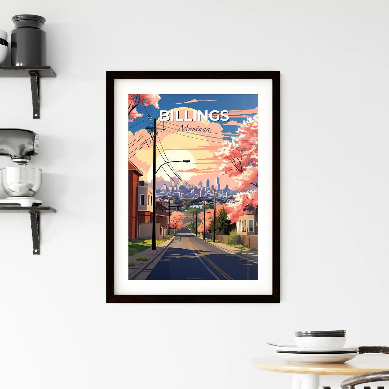 Billings, Montana, A Poster of a road with pink trees and buildings in the background Default Title