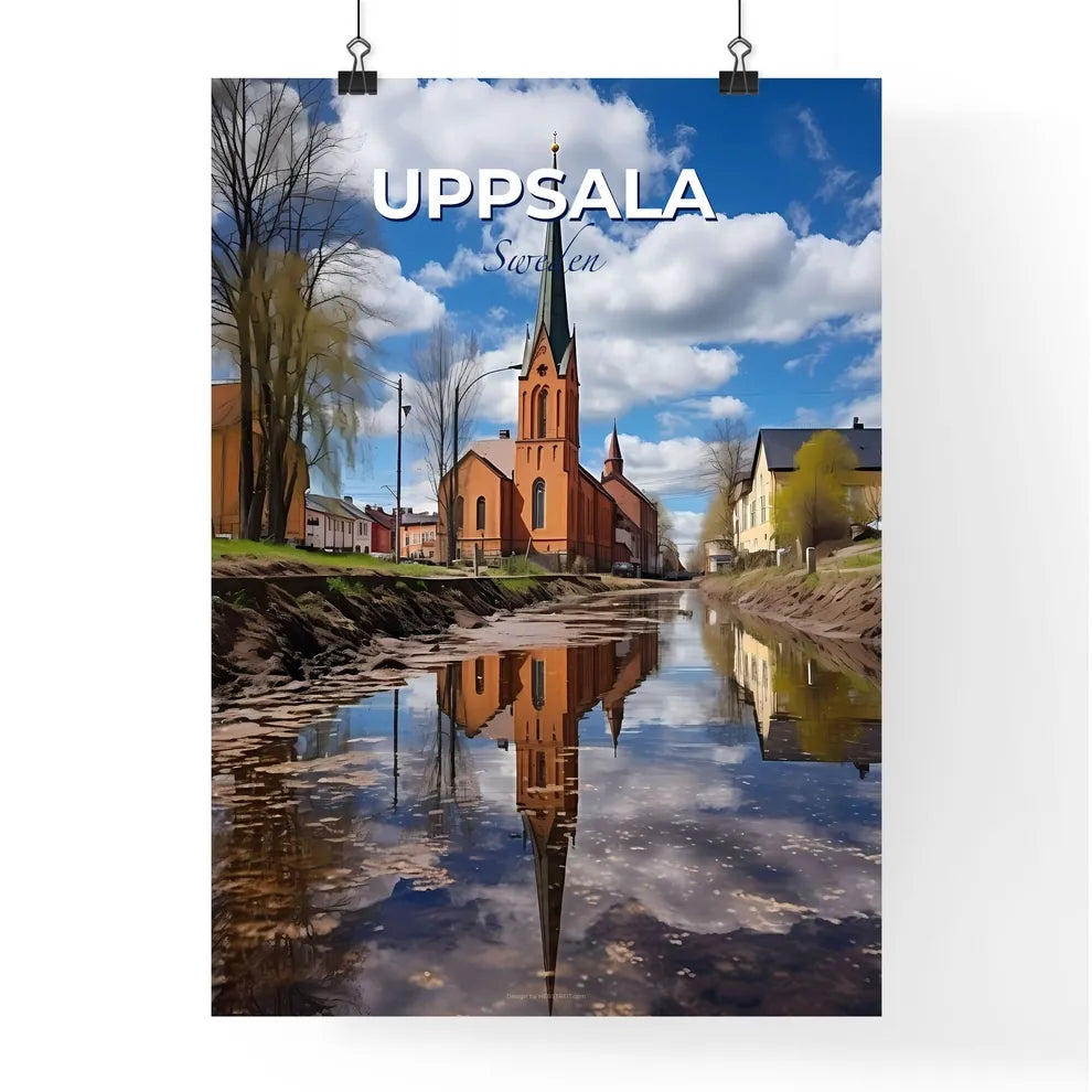 Uppsala, Sweden, A Poster of a body of water with buildings and trees in the background Default Title
