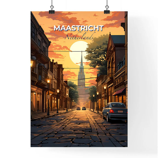 Maastricht, Netherlands, A Poster of a street with cars and buildings and a sunset Default Title