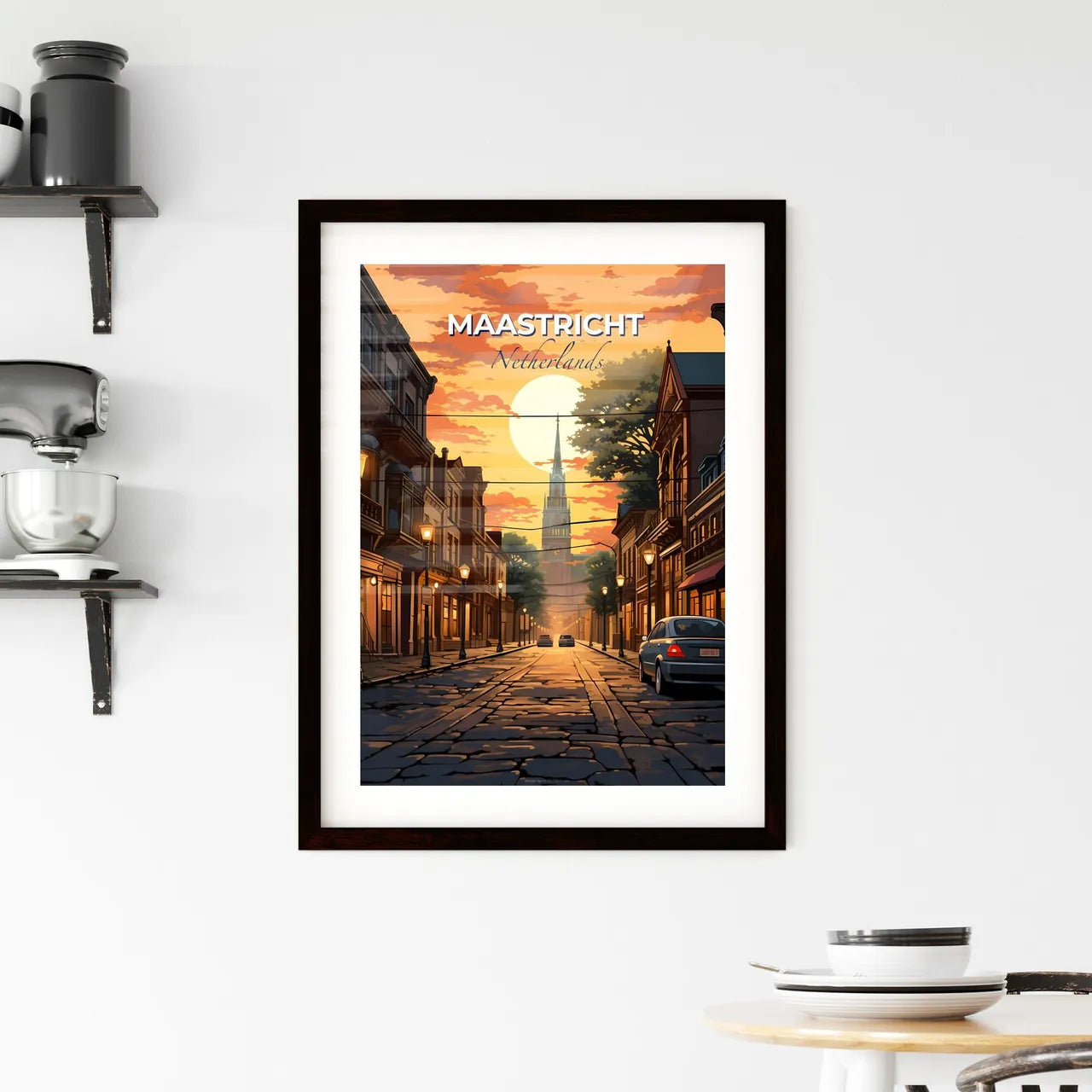 Maastricht, Netherlands, A Poster of a street with cars and buildings and a sunset Default Title