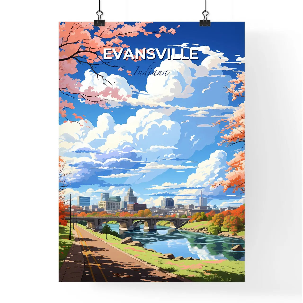 Evansville, Indiana, A Poster of a river with a bridge and trees with orange leaves Default Title