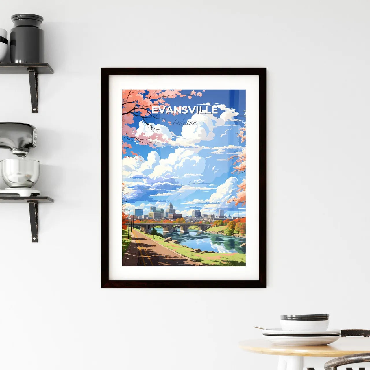 Evansville, Indiana, A Poster of a river with a bridge and trees with orange leaves Default Title