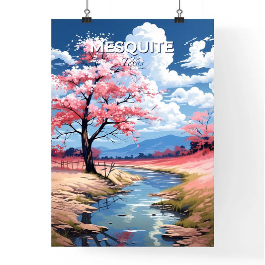 Mesquite, Texas, A Poster of a river running through a field with pink flowers and a tree Default Title
