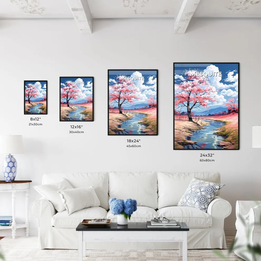 Mesquite, Texas, A Poster of a river running through a field with pink flowers and a tree Default Title