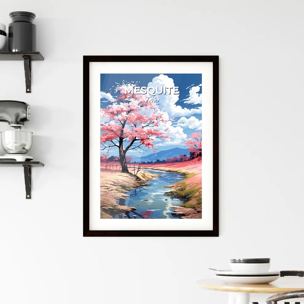 Mesquite, Texas, A Poster of a river running through a field with pink flowers and a tree Default Title