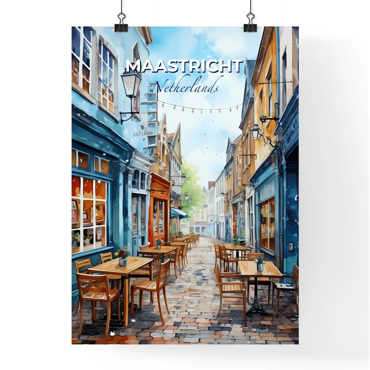 Maastricht, Netherlands, A Poster of a street with tables and chairs Default Title
