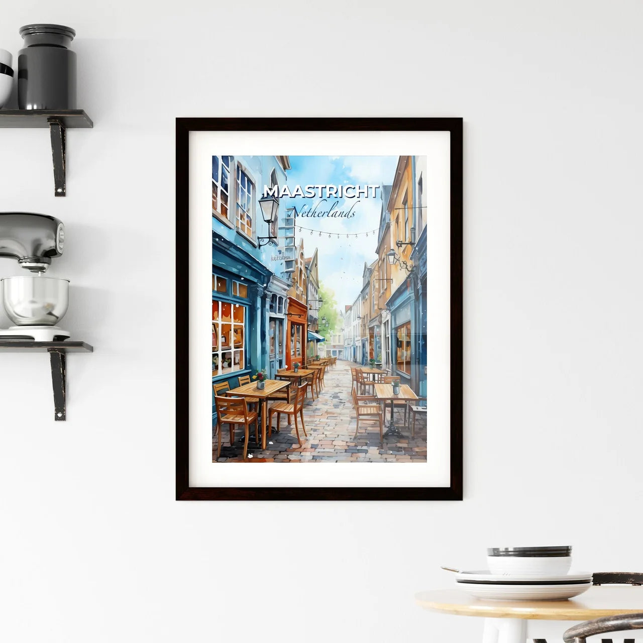 Maastricht, Netherlands, A Poster of a street with tables and chairs Default Title
