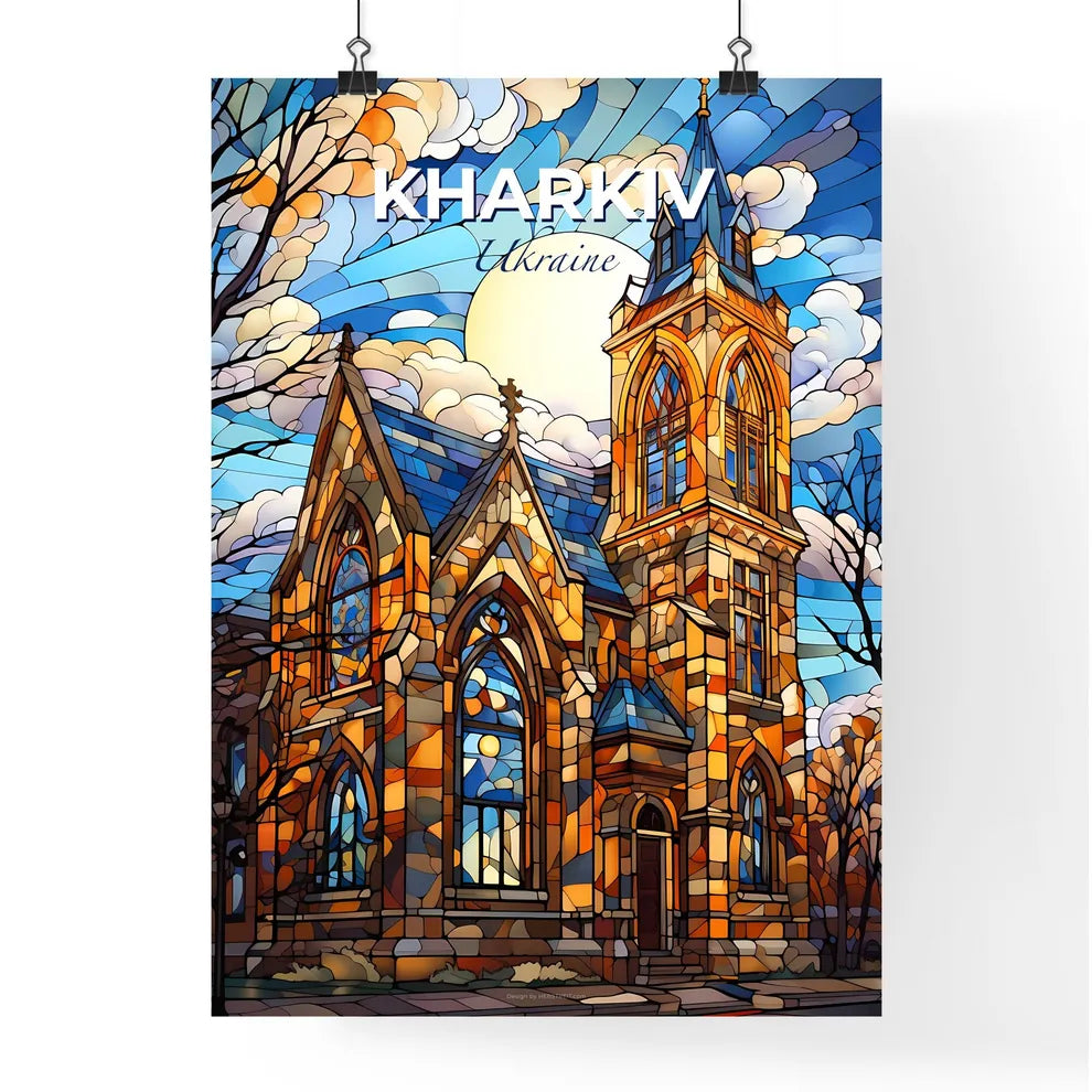 Kharkiv, Ukraine, A Poster of a stained glass church with a sun behind it Default Title