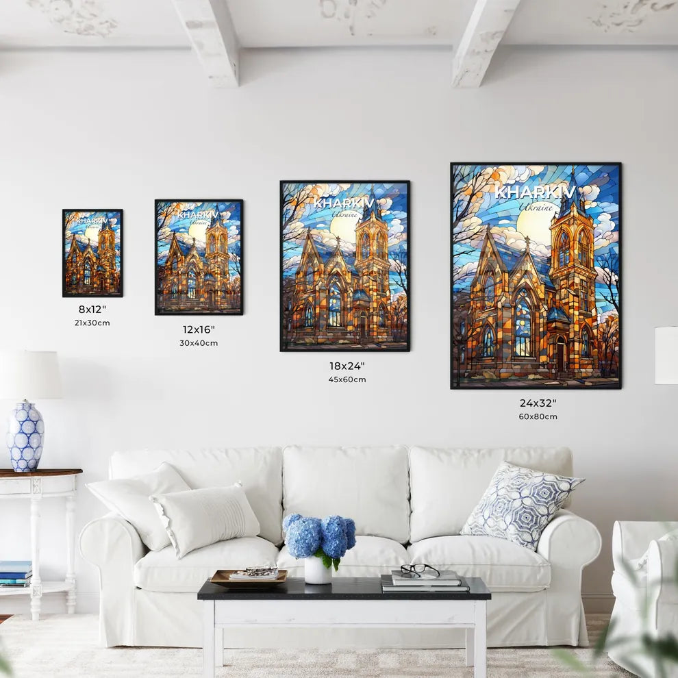 Kharkiv, Ukraine, A Poster of a stained glass church with a sun behind it Default Title