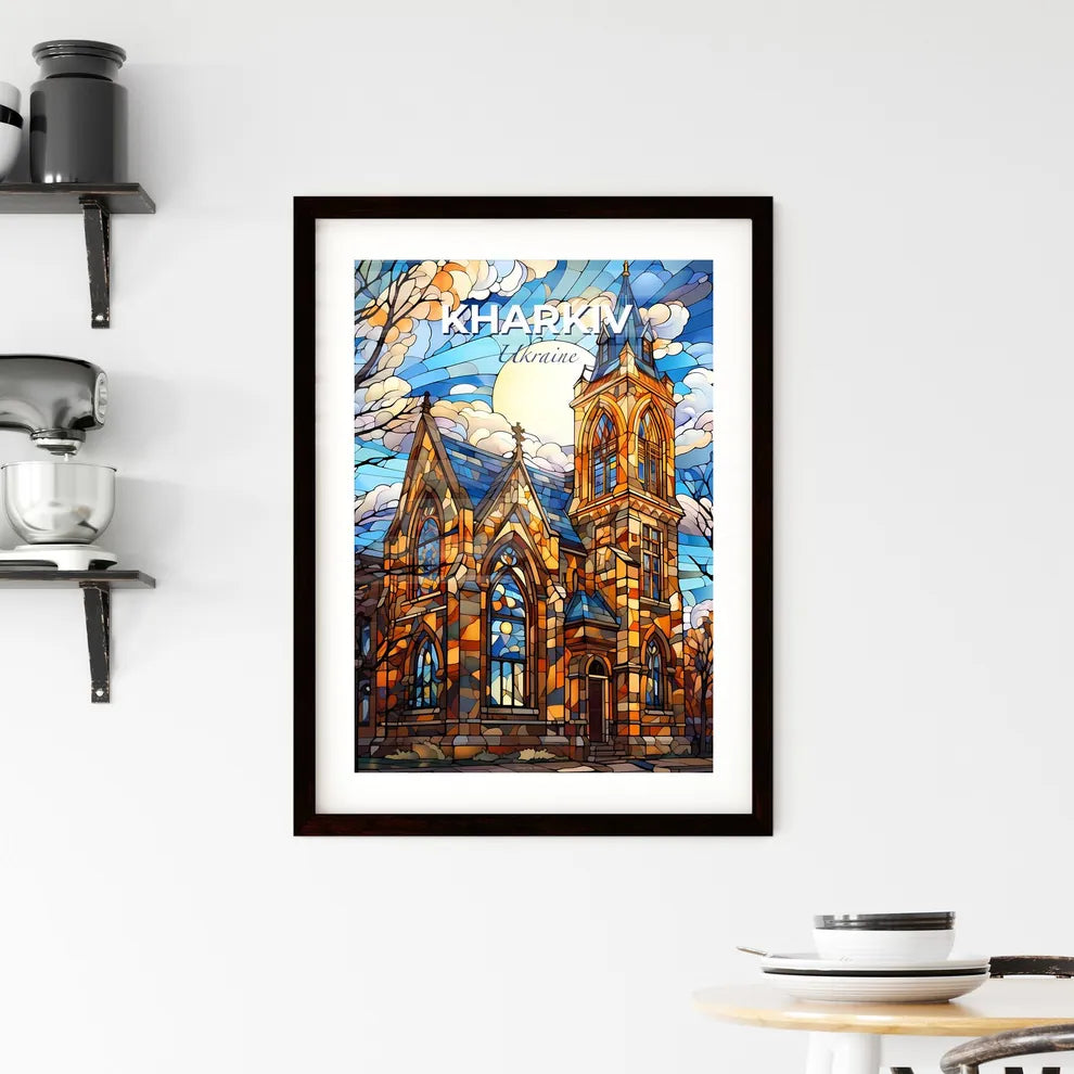 Kharkiv, Ukraine, A Poster of a stained glass church with a sun behind it Default Title