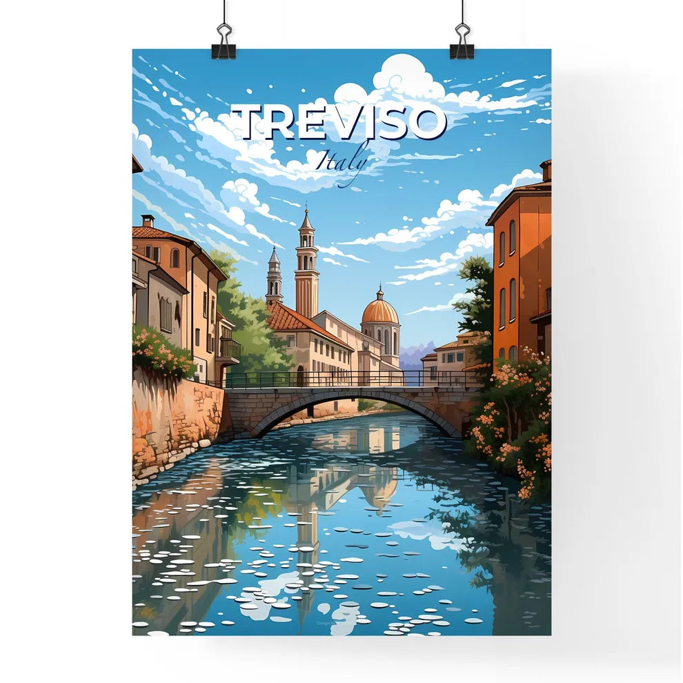 Treviso, Italy, A Poster of a bridge over a river with buildings and a church Default Title
