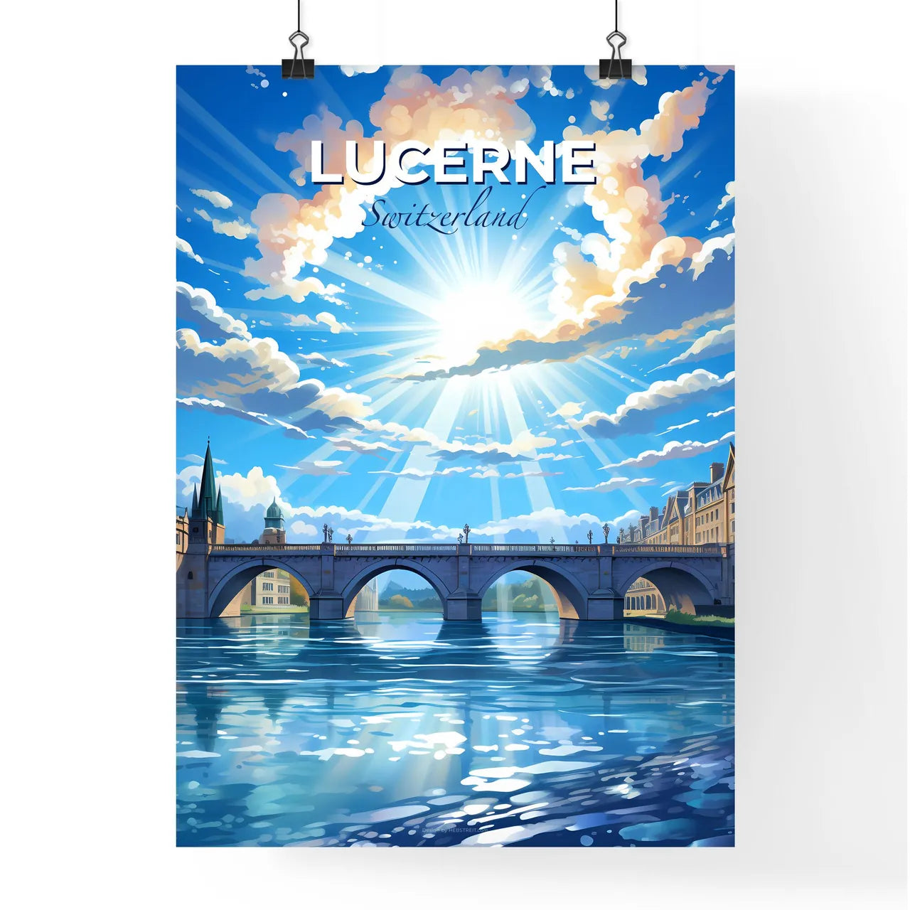 Lucerne, Switzerland, A Poster of a bridge over a river with buildings and a bridge and sun Default Title