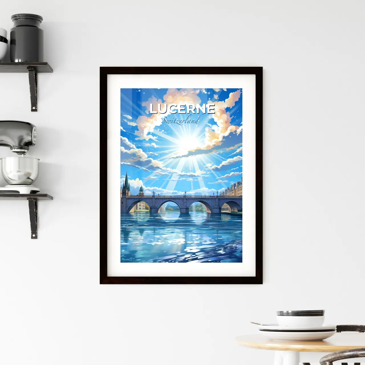 Lucerne, Switzerland, A Poster of a bridge over a river with buildings and a bridge and sun Default Title