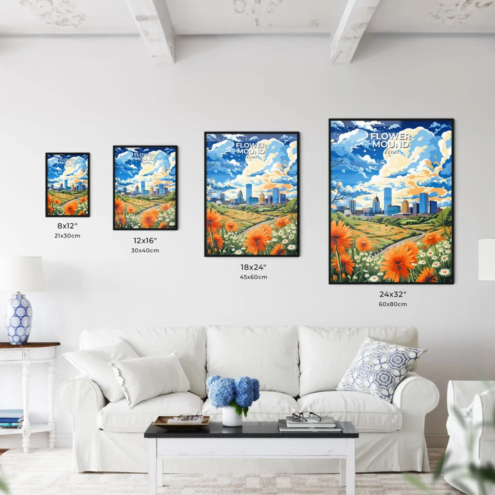 Flower Mound, Texas, A Poster of a colorful landscape with flowers and a city in the background Default Title