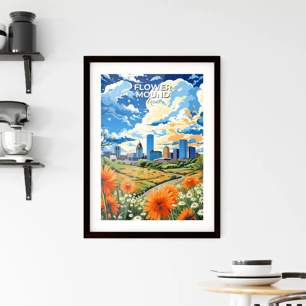 Flower Mound, Texas, A Poster of a colorful landscape with flowers and a city in the background Default Title