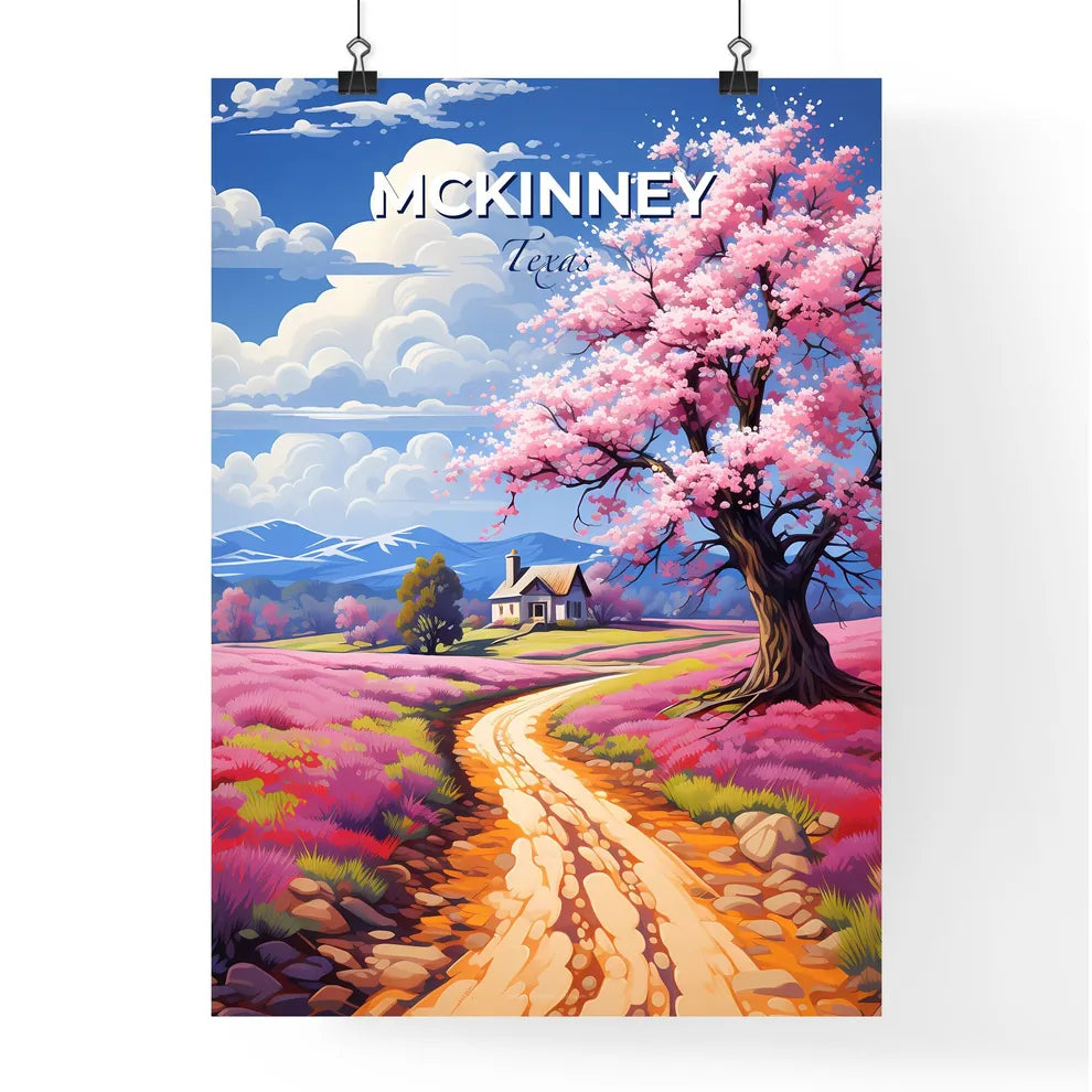 Mckinney, Texas, A Poster of a road through a field of pink flowers with a tree and a house Default Title