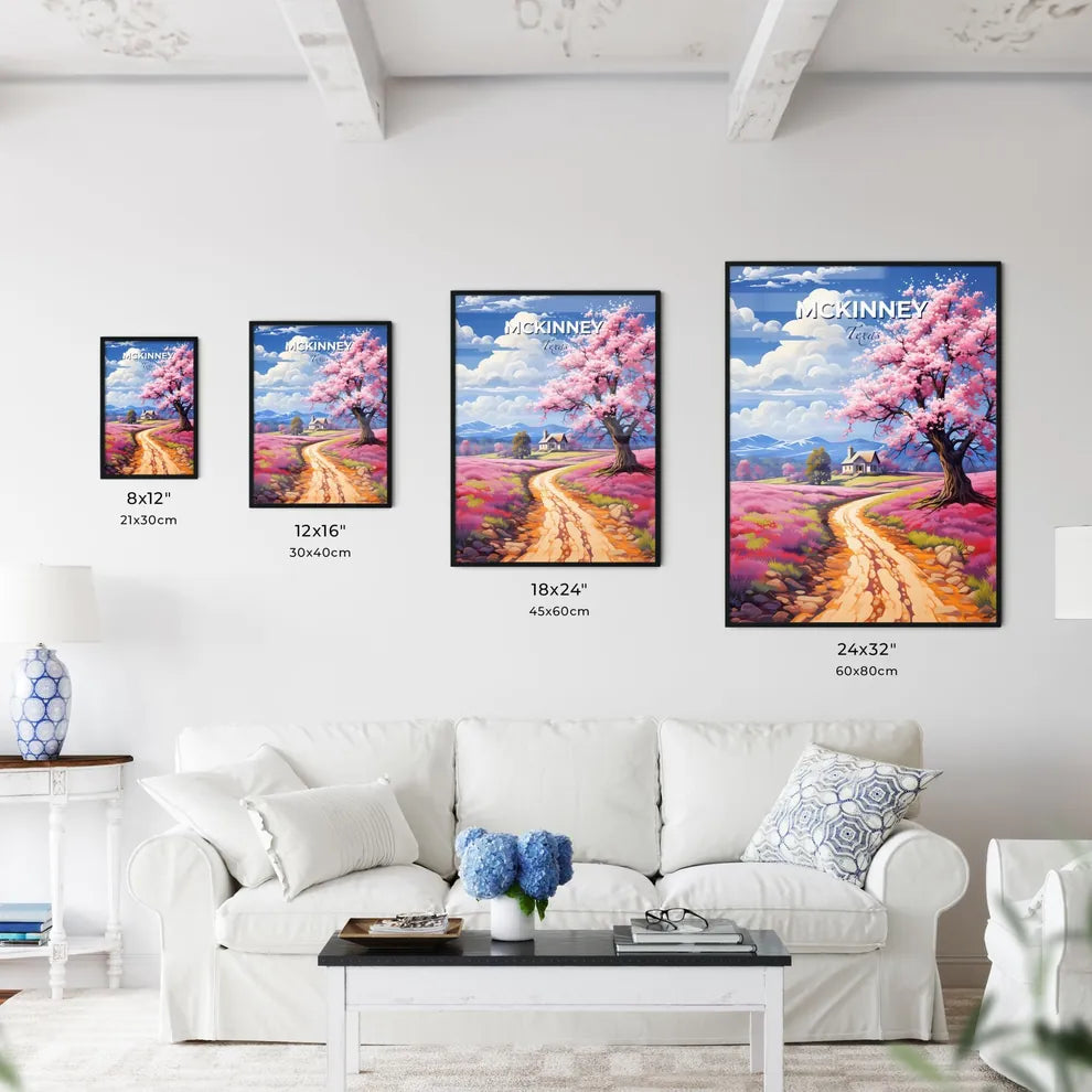 Mckinney, Texas, A Poster of a road through a field of pink flowers with a tree and a house Default Title