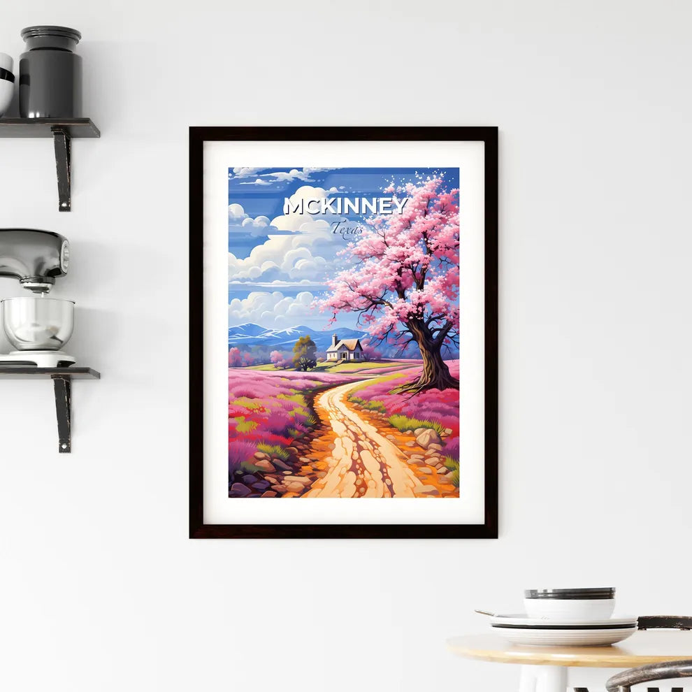 Mckinney, Texas, A Poster of a road through a field of pink flowers with a tree and a house Default Title