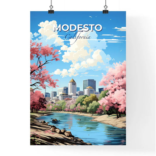 Modesto, California, A Poster of a river with pink trees and buildings in the background Default Title