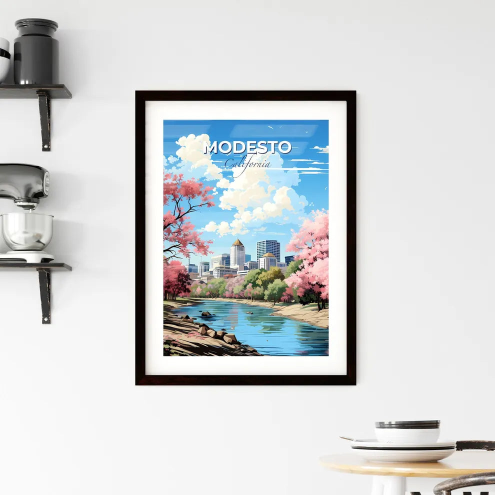 Modesto, California, A Poster of a river with pink trees and buildings in the background Default Title