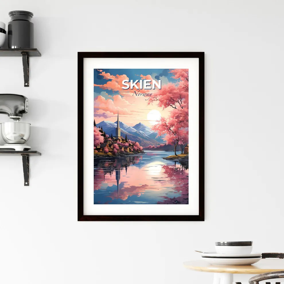 Skien, Norway, A Poster of a painting of a town on a river with pink trees and mountains Default Title