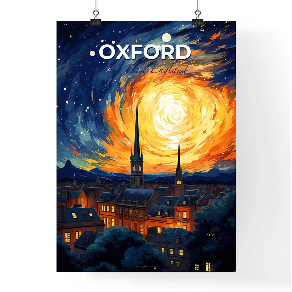 Oxford, South East England, A Poster of a painting of a city with a spiral of stars and a building Default Title