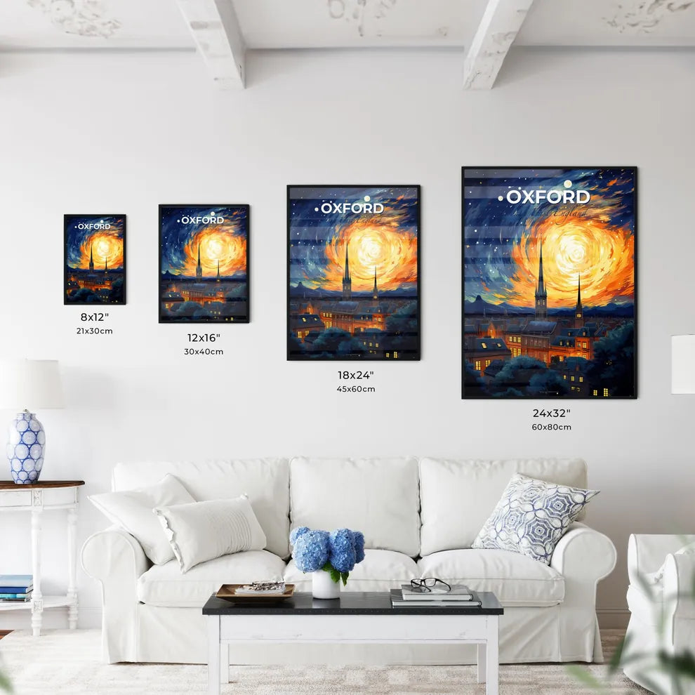 Oxford, South East England, A Poster of a painting of a city with a spiral of stars and a building Default Title