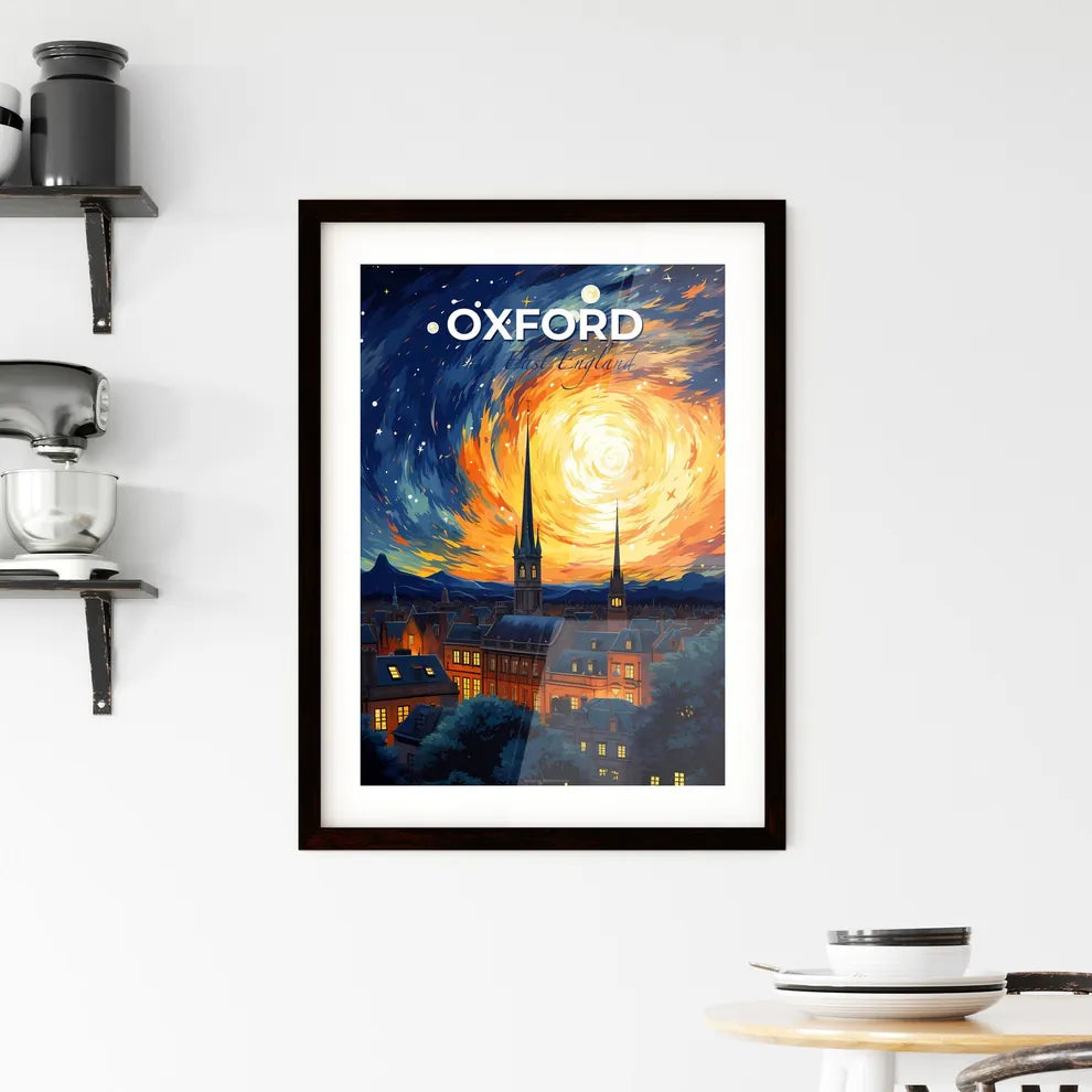 Oxford, South East England, A Poster of a painting of a city with a spiral of stars and a building Default Title